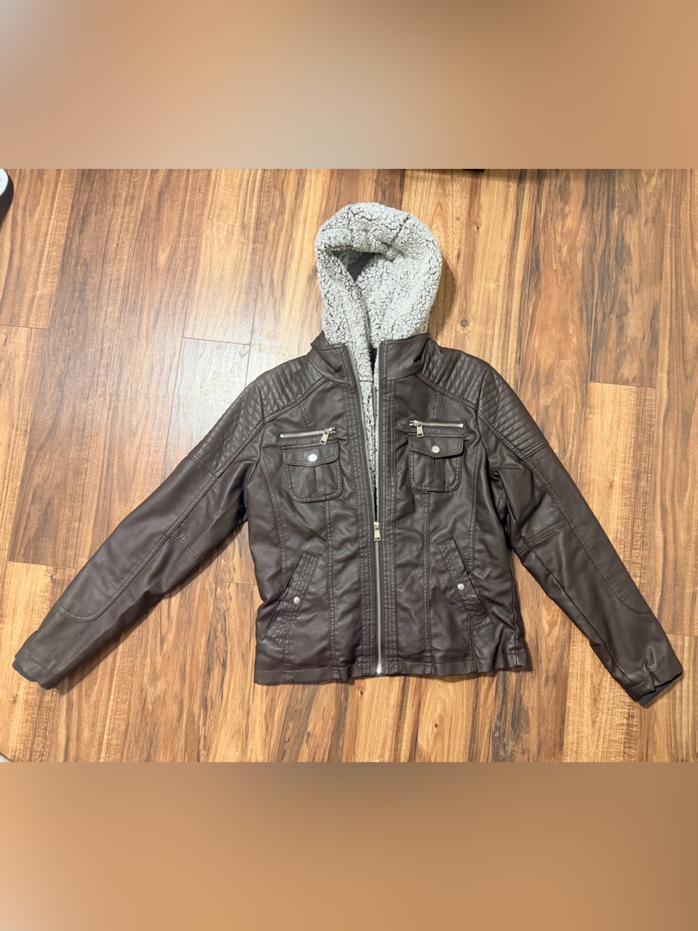 YMI Dark Brown Faux Leather Hooded Jacket with Gray Sherpa Lining